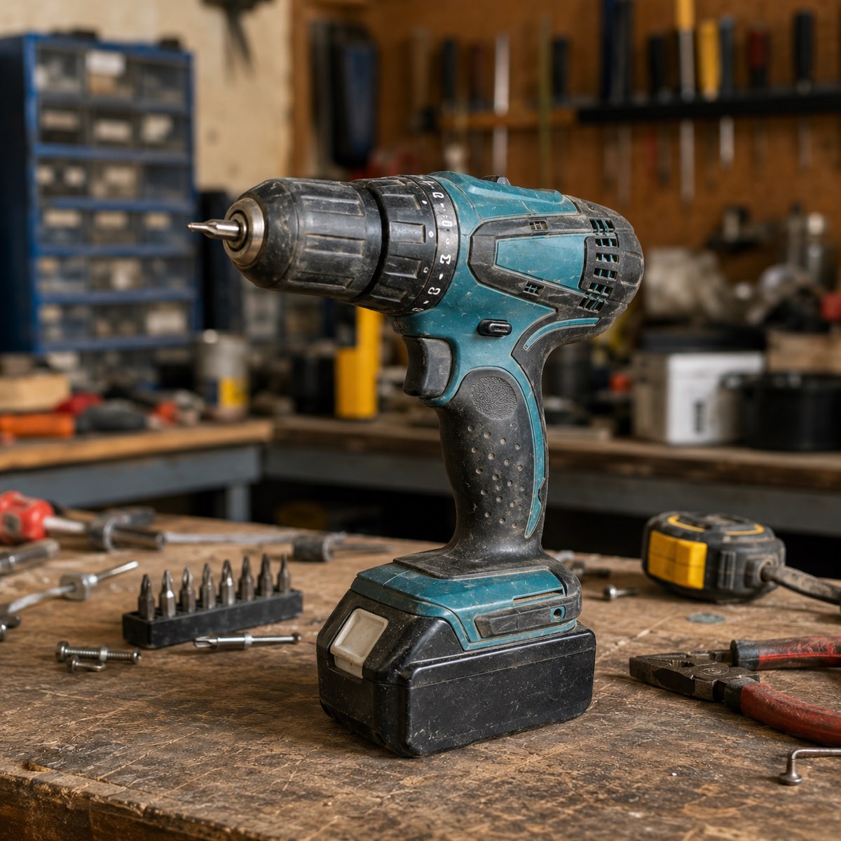 A cordless drill on a workbench