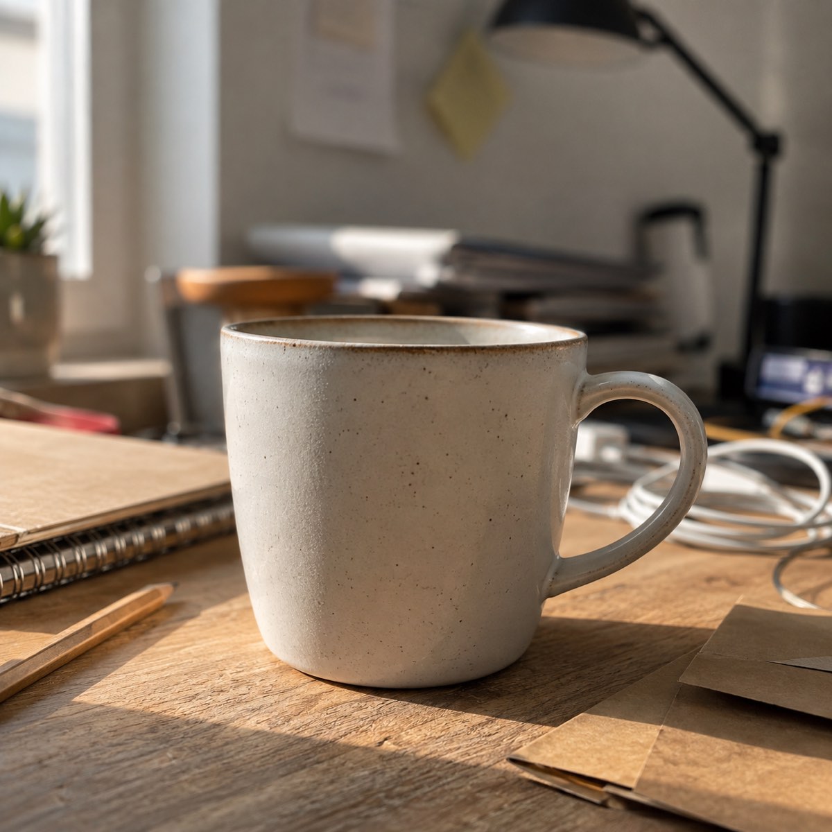 A ceramic mug on a cluttered desk