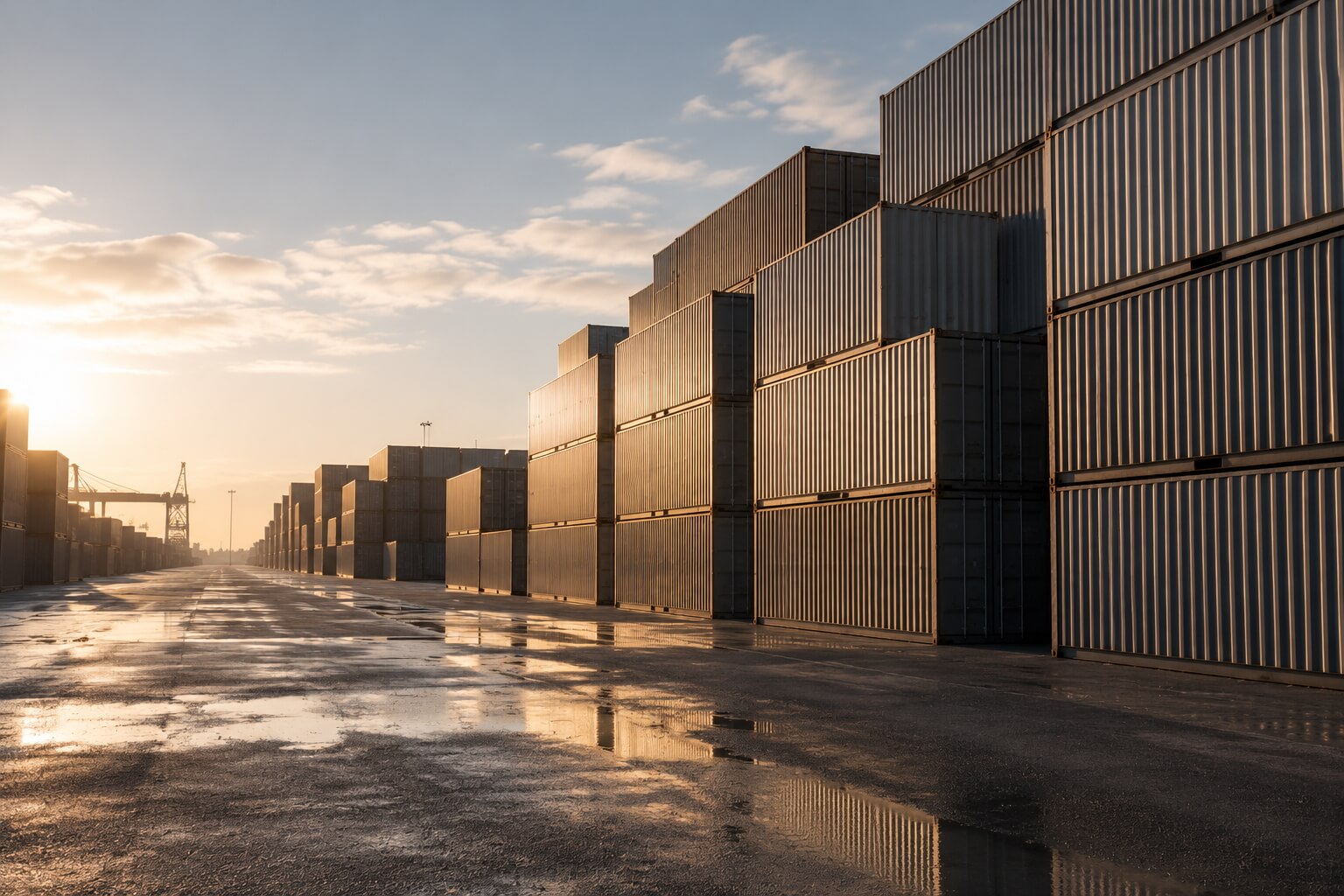 Shipping containers stacked in a logistics yard at sunrise