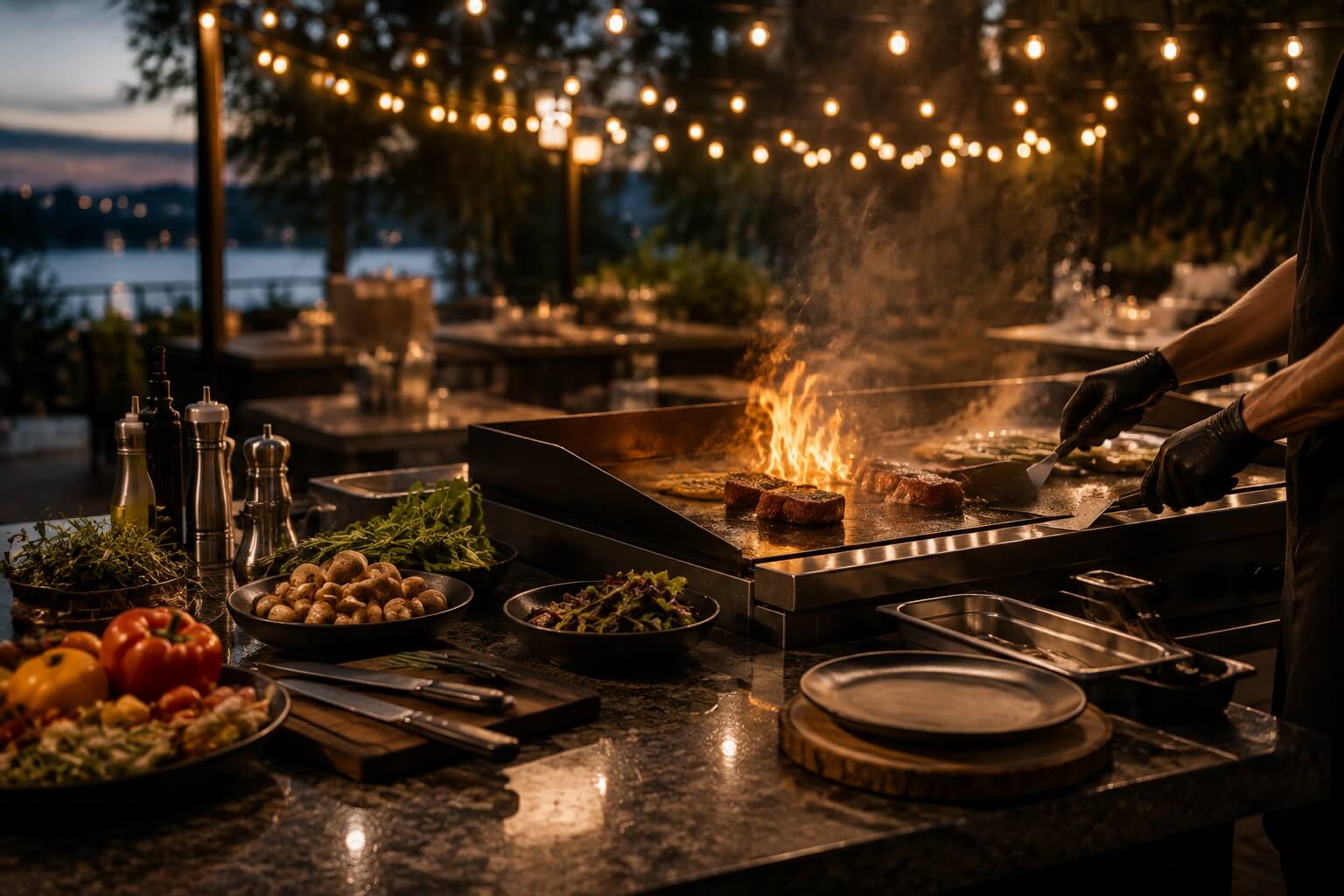 An outdoor grill station at dusk with food laid out and string lights above