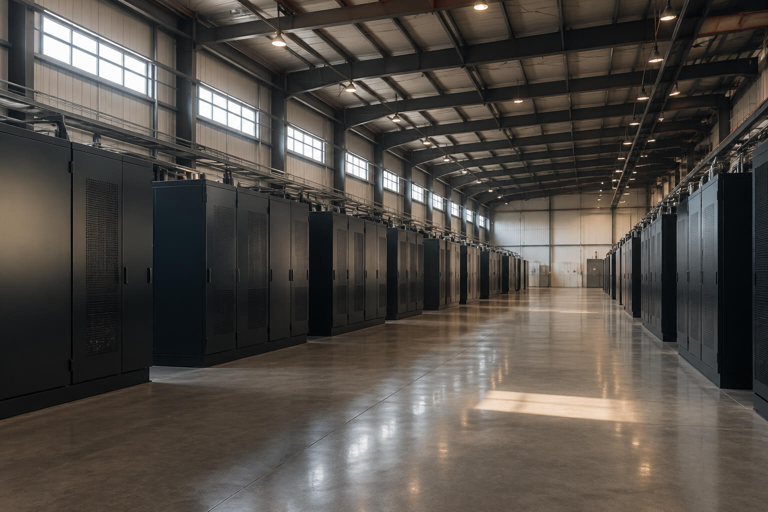 Rows of dark equipment cabinets in a clean industrial hall