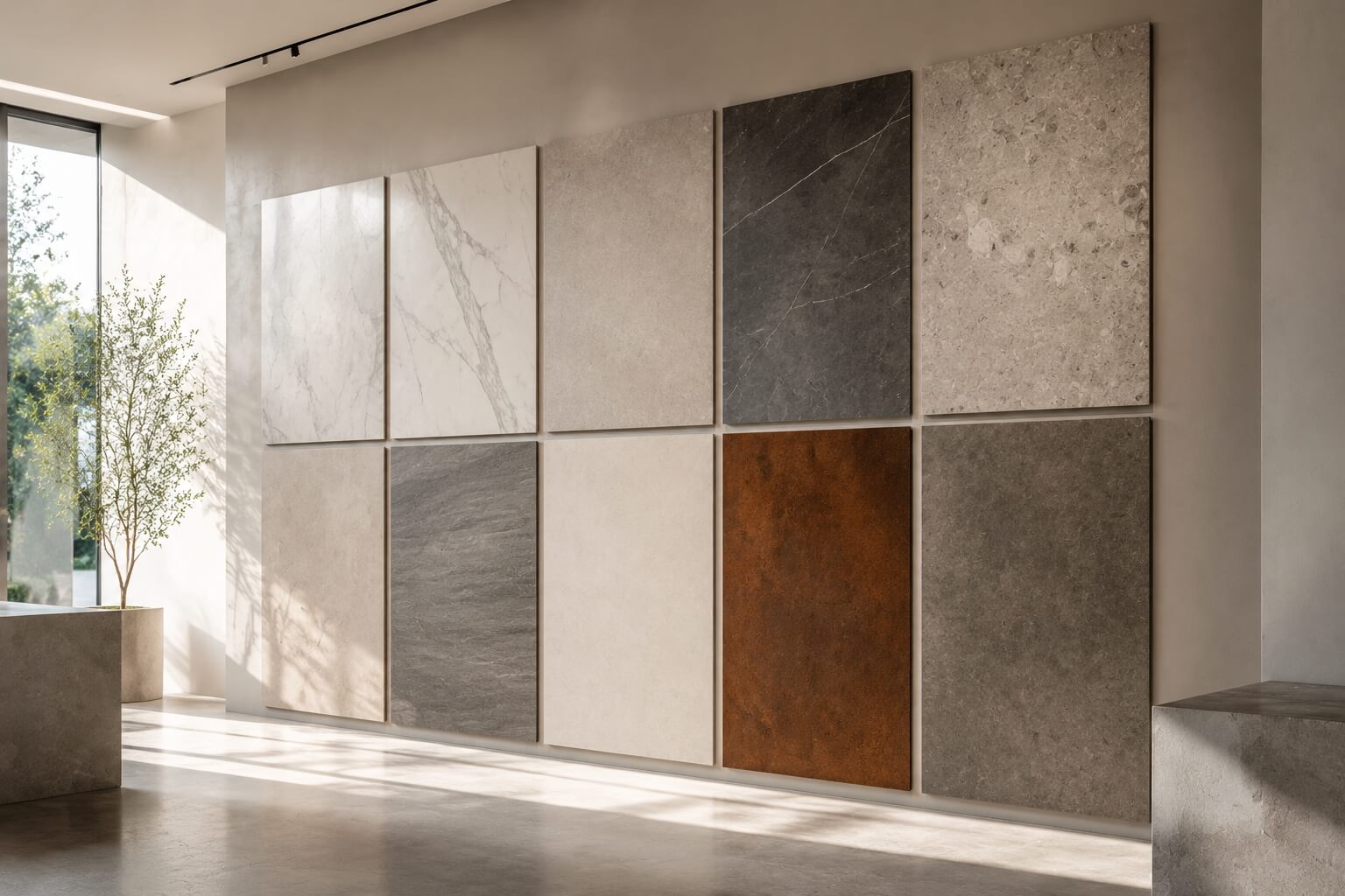 A showroom wall of stone and surface samples in warm neutral tones