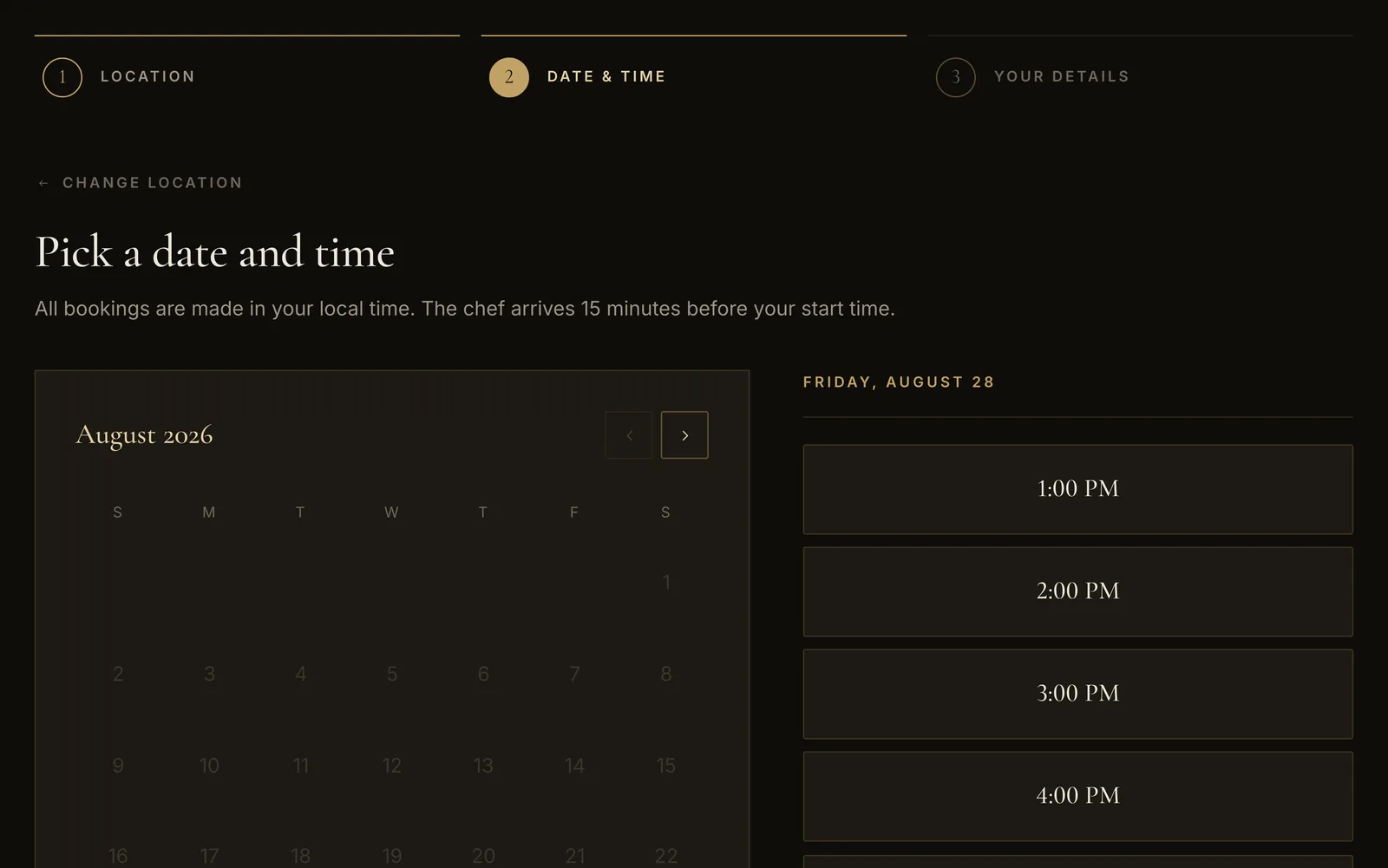 Step 2 — the calendar only offers dates a chef can actually take, then the open slots for that day.
